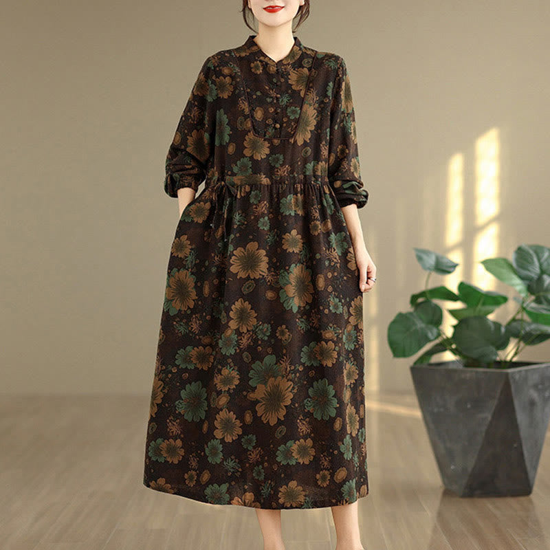 Langärmeliges Baumwoll-Midikleid mit Buddha Stones -Blumenmuster und Taschen - Sattelbraun - US4, UK/AU8, EU36 (F) - image 16