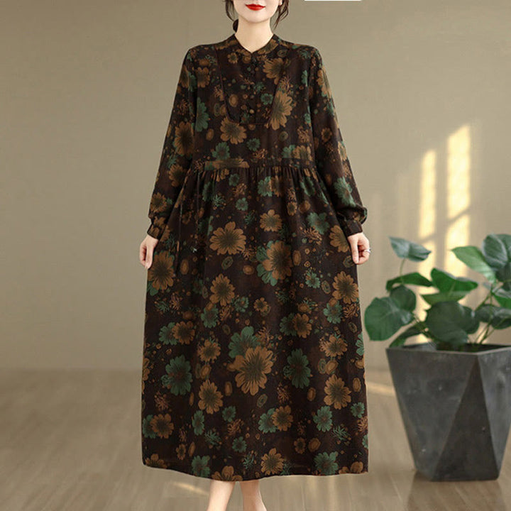 Langärmeliges Baumwoll-Midikleid mit Buddha Stones -Blumenmuster und Taschen - image 17