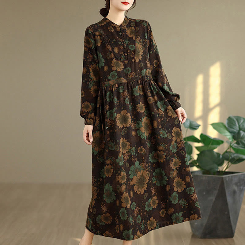 Langärmeliges Baumwoll-Midikleid mit Buddha Stones -Blumenmuster und Taschen - image 19