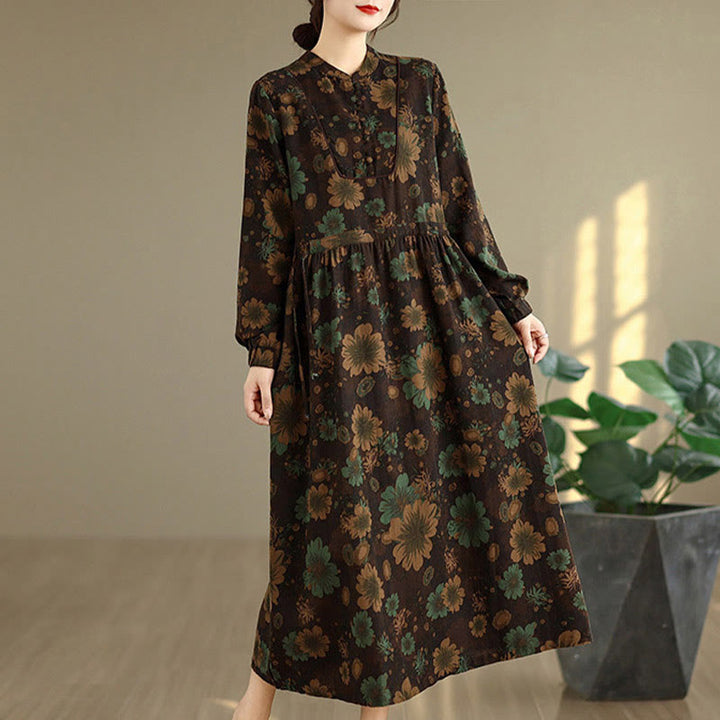 Langärmeliges Baumwoll-Midikleid mit Buddha Stones -Blumenmuster und Taschen - image 19