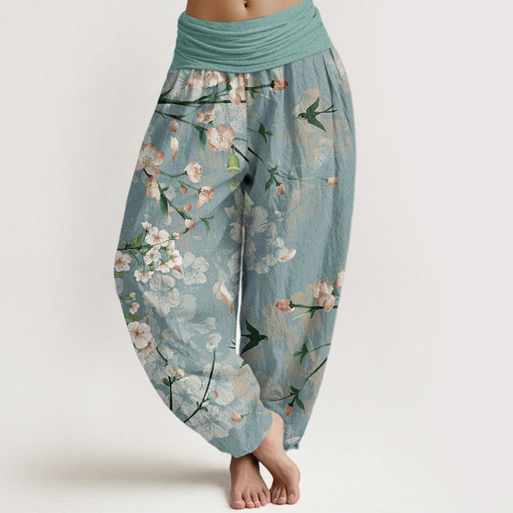 Haremshose aus Baumwolle mit Buddha Stones , Pfirsichblüten- und Gänsemuster sowie elastischem Bund für Damen - Mittel-Aquamarin - US22, UK/AU26, EU54 (6XL) - image 0