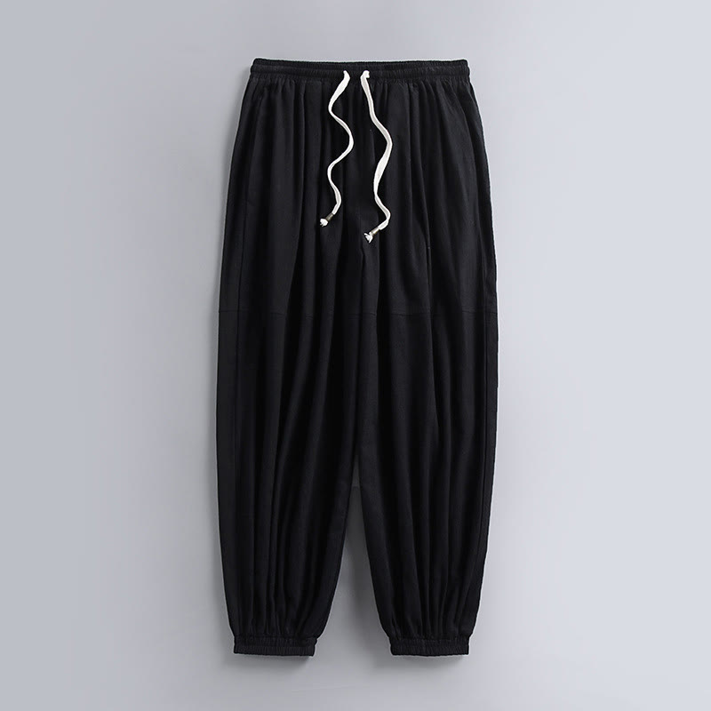 Buddha Stones Schlichte, knöchellange Herren-Baumwoll-Leinenhose mit Kordelzug und Taschen - Schwarz - US/ UK/AU54, EU64 (9XL) - image 1