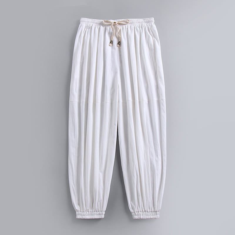 Buddha Stones Schlichte, knöchellange Herren-Baumwoll-Leinenhose mit Kordelzug und Taschen - Weiß - US/ UK/AU54, EU64 (9XL) - image 4