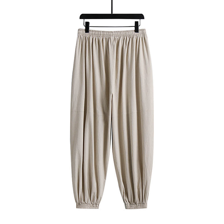 Buddha Stones Schlichte, knöchellange Herren-Baumwoll-Leinenhose mit Kordelzug und Taschen - image 5