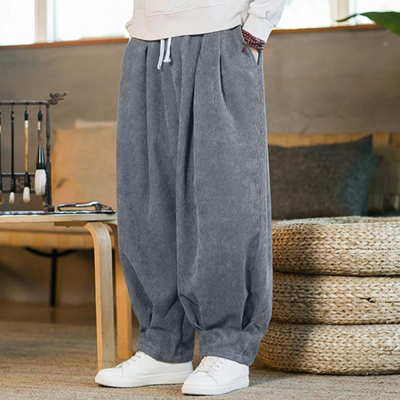 Buddha Stones Retro Herren Haremshose aus Cord mit schlichtem, fleecegefüttertem Design und Taschen - image 15