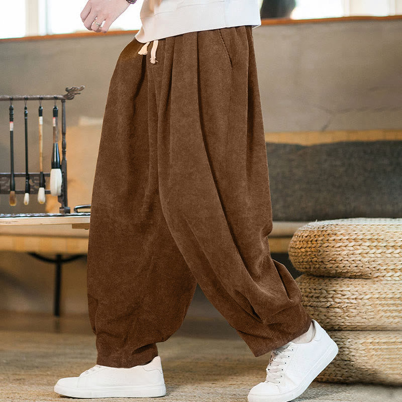 Buddha Stones Retro Herren Haremshose aus Cord mit schlichtem, fleecegefüttertem Design und Taschen - image 2