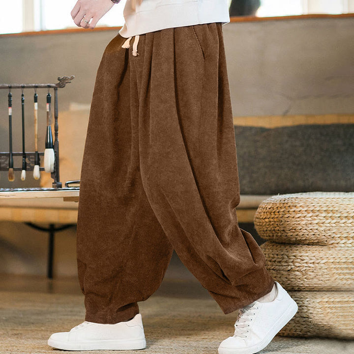 Buddha Stones Retro Herren Haremshose aus Cord mit schlichtem, fleecegefüttertem Design und Taschen - image 2