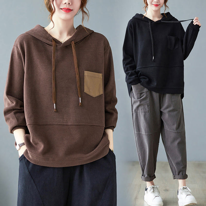 Buddha Stones Herbst Einfarbiger Baumwoll-Langarm-Hoodie mit dekorativer Tasche, Baumwolle, Damen - image 6