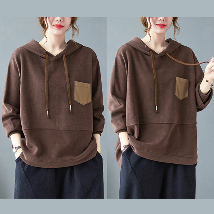 Buddha Stones Herbst Einfarbiger Baumwoll-Langarm-Hoodie mit dekorativer Tasche, Baumwolle, Damen - image 5