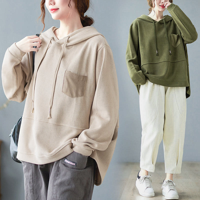 Buddha Stones Herbst Einfarbiger Baumwoll-Langarm-Hoodie mit dekorativer Tasche, Baumwolle, Damen - image 39