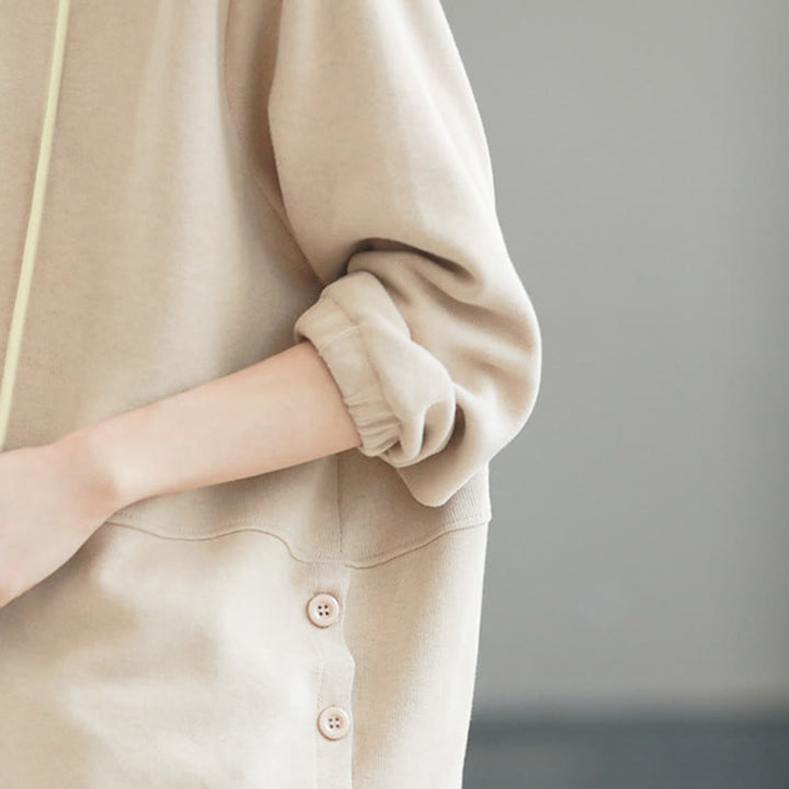 Buddha Stones Herbst-Hoodie für Damen, einfarbig, mit seitlichen Knöpfen, aus Baumwolle, langärmlig - image 8