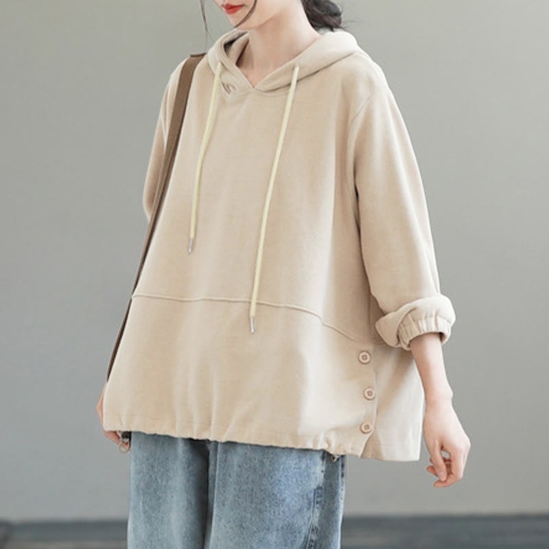 Buddha Stones Herbst-Hoodie für Damen, einfarbig, mit seitlichen Knöpfen, aus Baumwolle, langärmlig - image 1