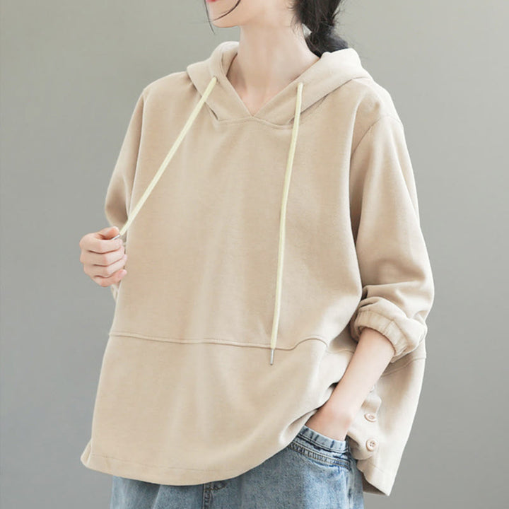 Buddha Stones Herbst-Hoodie für Damen, einfarbig, mit seitlichen Knöpfen, aus Baumwolle, langärmlig - image 2