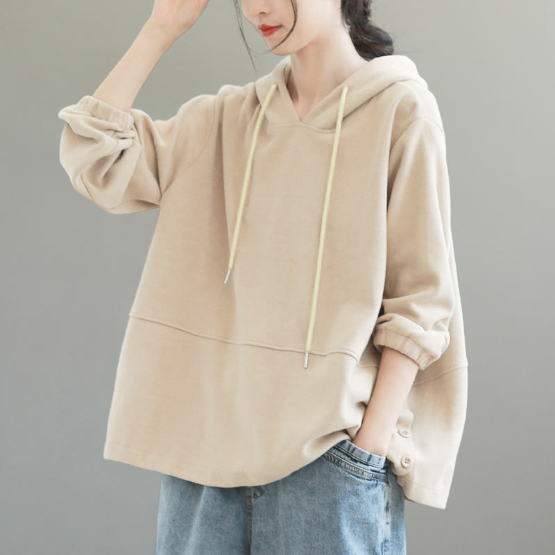 Buddha Stones Herbst-Hoodie für Damen, einfarbig, mit seitlichen Knöpfen, aus Baumwolle, langärmlig - image 3