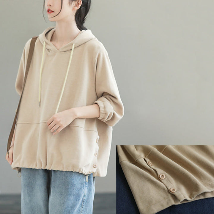 Buddha Stones Herbst-Hoodie für Damen, einfarbig, mit seitlichen Knöpfen, aus Baumwolle, langärmlig - image 6