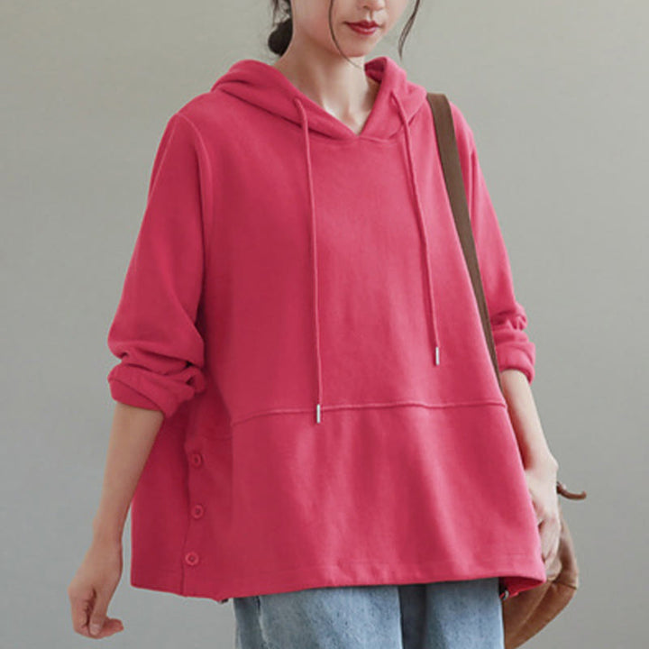 Buddha Stones Herbst-Hoodie für Damen, einfarbig, mit seitlichen Knöpfen, aus Baumwolle, langärmlig - image 12