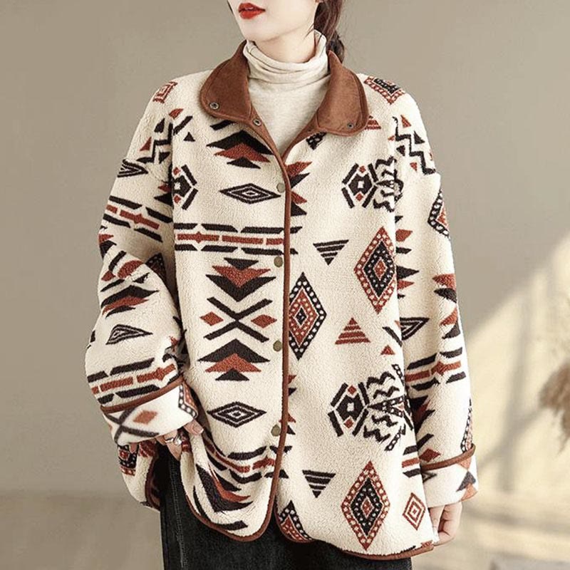 Buddha Stones ​​Herbst-Winter-Jacke aus Baumwolle mit geometrischen Mustern und Knöpfen, langen Ärmeln und langen Ärmeln – perfekt für Damen.  - FloralWeiß - US12, UK/AU16, EU44 (3XL) - image 0