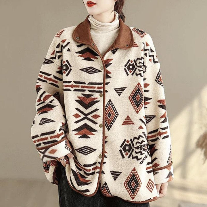 Buddha Stones ​​Herbst-Winter-Jacke aus Baumwolle mit geometrischen Mustern und Knöpfen, langen Ärmeln und langen Ärmeln – perfekt für Damen.  - FloralWeiß - US12, UK/AU16, EU44 (3XL) - image 0