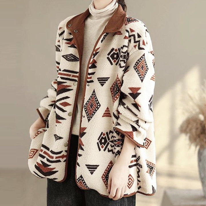 Buddha Stones ​​Herbst-Winter-Jacke aus Baumwolle mit geometrischen Mustern und Knöpfen, langen Ärmeln und langen Ärmeln – perfekt für Damen.  - image 3