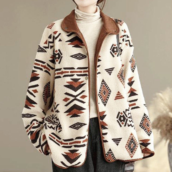 Buddha Stones ​​Herbst-Winter-Jacke aus Baumwolle mit geometrischen Mustern und Knöpfen, langen Ärmeln und langen Ärmeln – perfekt für Damen.  - image 1