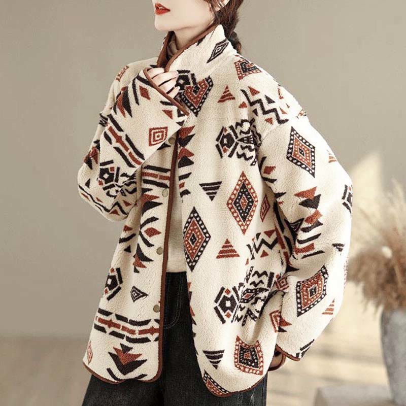 Buddha Stones ​​Herbst-Winter-Jacke aus Baumwolle mit geometrischen Mustern und Knöpfen, langen Ärmeln und langen Ärmeln – perfekt für Damen.  - image 4
