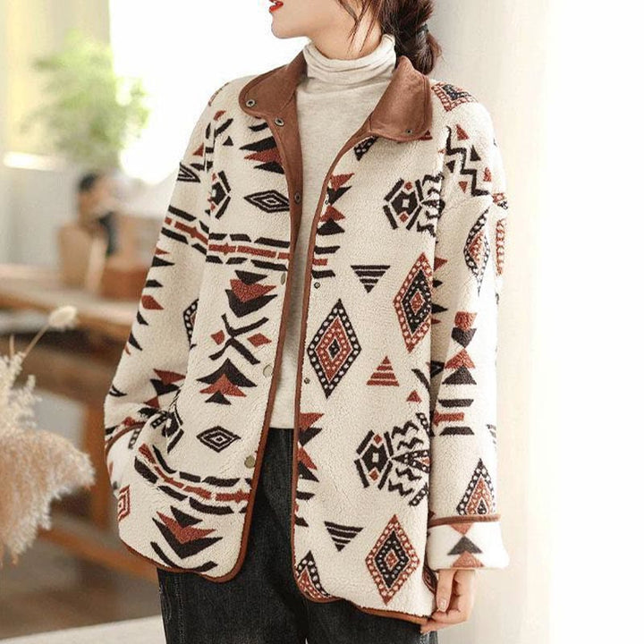 Buddha Stones ​​Herbst-Winter-Jacke aus Baumwolle mit geometrischen Mustern und Knöpfen, langen Ärmeln und langen Ärmeln – perfekt für Damen.  - image 5
