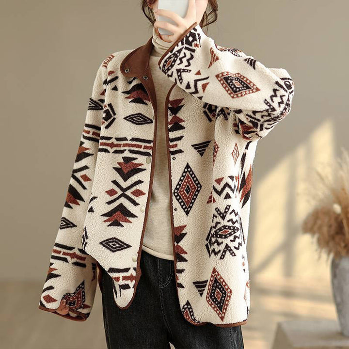Buddha Stones ​​Herbst-Winter-Jacke aus Baumwolle mit geometrischen Mustern und Knöpfen, langen Ärmeln und langen Ärmeln – perfekt für Damen.  - image 2