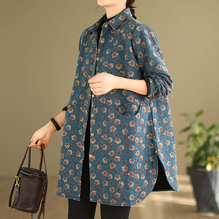Buddha Stones ​​Herbst Winter Knöpfe Blumenmuster Langarm Baumwolle Damenjacke mit Taschen - image 6