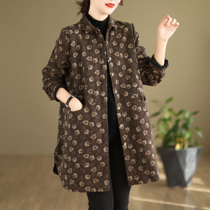 Buddha Stones ​​Herbst Winter Knöpfe Blumenmuster Langarm Baumwolle Damenjacke mit Taschen - Sattelbraun - US12, UK/AU16, EU44 (3XL) - image 0