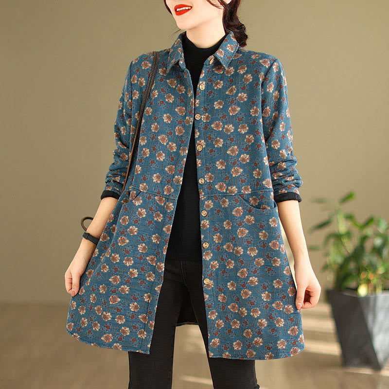 Buddha Stones ​​Herbst Winter Knöpfe Blumenmuster Langarm Baumwolle Damenjacke mit Taschen - image 5
