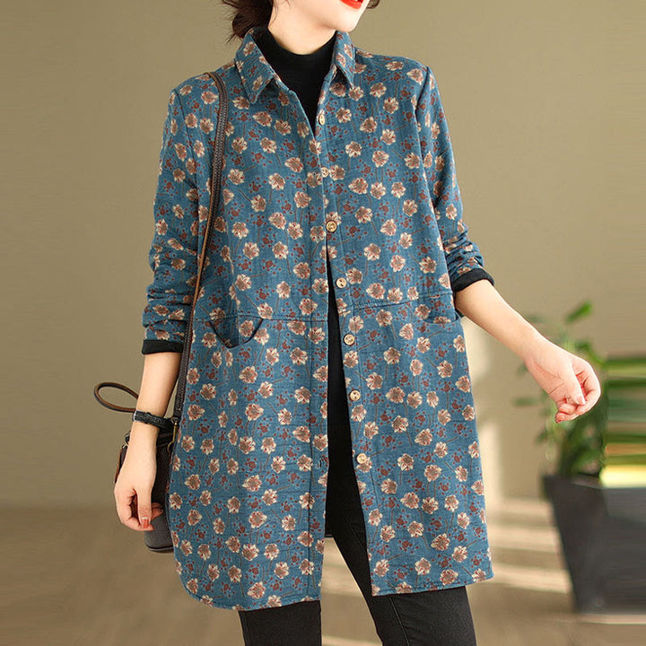 Buddha Stones ​​Herbst Winter Knöpfe Blumenmuster Langarm Baumwolle Damenjacke mit Taschen - SteelBlue - US12, UK/AU16, EU44 (3XL) - image 4