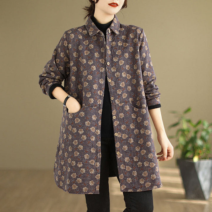 Buddha Stones ​​Herbst Winter Knöpfe Blumenmuster Langarm Baumwolle Damenjacke mit Taschen - Mittelviolett - US12, UK/AU16, EU44 (3XL) - image 8