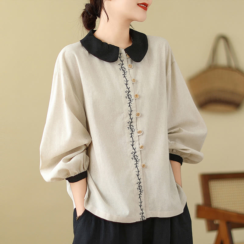 Damen-Baumwollhemd mit Peter-Pan-Kragen und langen Ärmeln, verziert mit Buddha Stones und Frühlingsstickerei-Knöpfen. - Beige - US 8-10, UK/AU 12-14, EU 40-42 (2XL) - image 0