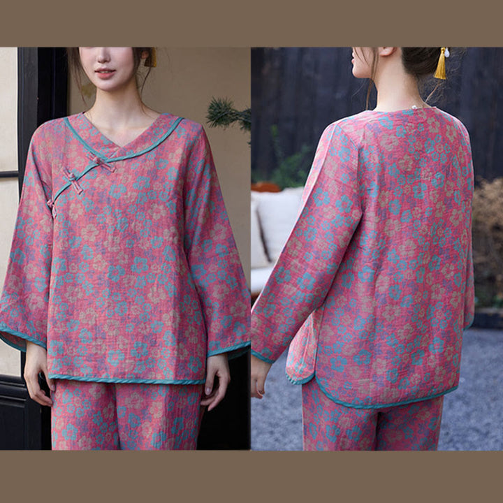 Buddha Stones 2-teiliges Pyjama-Set aus Baumwolle mit Blumenmuster, Froschknopfleiste, langen Ärmeln, Rundhalsausschnitt und Hemd sowie Hose.  - image 9