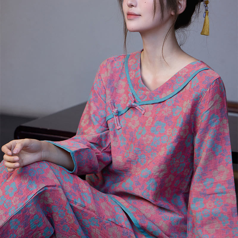 Buddha Stones 2-teiliges Pyjama-Set aus Baumwolle mit Blumenmuster, Froschknopfleiste, langen Ärmeln, Rundhalsausschnitt und Hemd sowie Hose.  - image 4