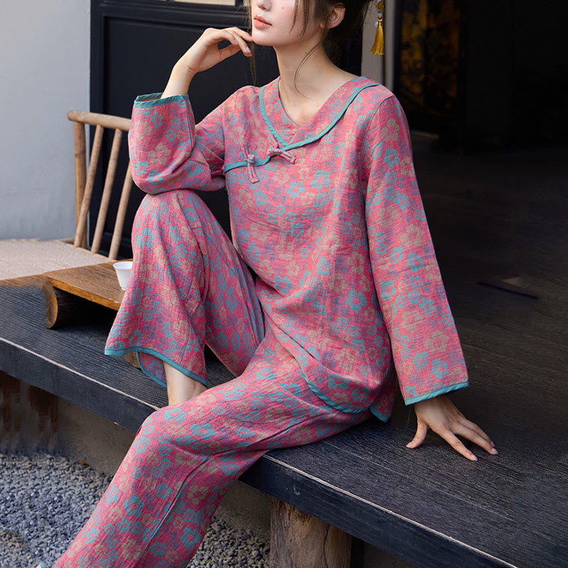 Buddha Stones 2-teiliges Pyjama-Set aus Baumwolle mit Blumenmuster, Froschknopfleiste, langen Ärmeln, Rundhalsausschnitt und Hemd sowie Hose.  - image 8