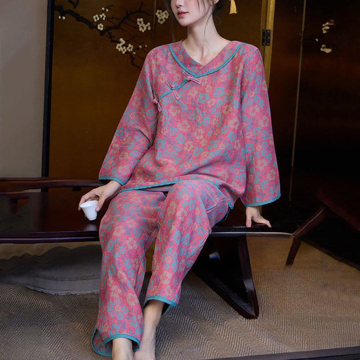 Buddha Stones 2-teiliges Pyjama-Set aus Baumwolle mit Blumenmuster, Froschknopfleiste, langen Ärmeln, Rundhalsausschnitt und Hemd sowie Hose.  - image 2