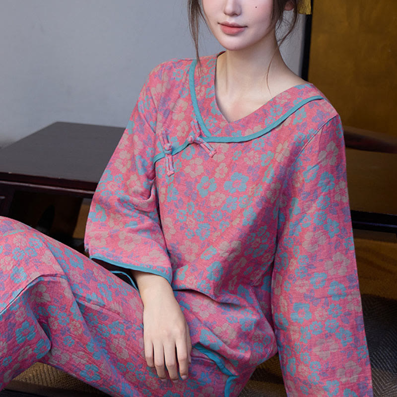 Buddha Stones 2-teiliges Pyjama-Set aus Baumwolle mit Blumenmuster, Froschknopfleiste, langen Ärmeln, Rundhalsausschnitt und Hemd sowie Hose.  - image 6