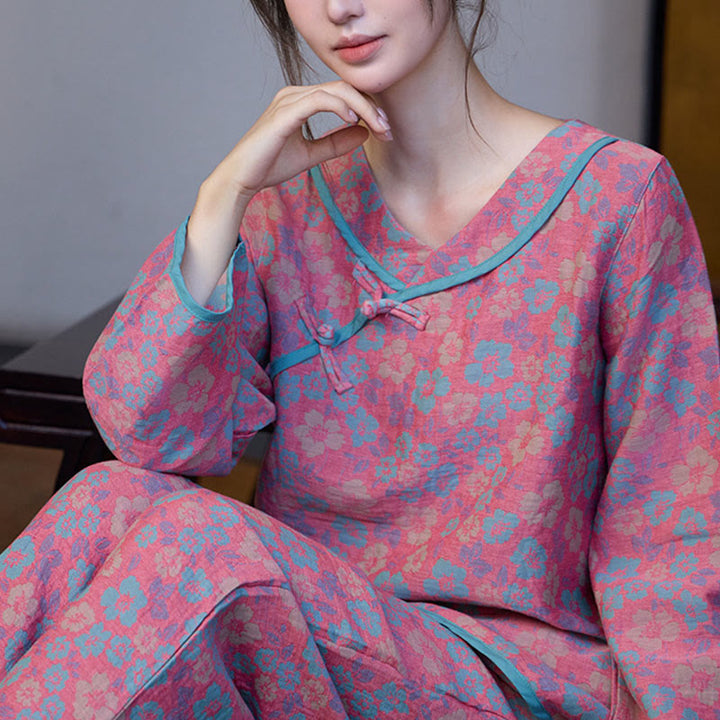 Buddha Stones 2-teiliges Pyjama-Set aus Baumwolle mit Blumenmuster, Froschknopfleiste, langen Ärmeln, Rundhalsausschnitt und Hemd sowie Hose.  - image 3