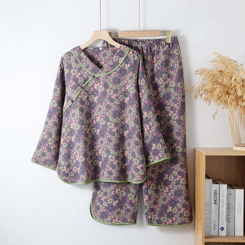 Buddha Stones 2-teiliges Pyjama-Set aus Baumwolle mit Blumenmuster, Froschknopfleiste, langen Ärmeln, Rundhalsausschnitt und Hemd sowie Hose.  - DarkOrchid - US6, UK/AU10, EU38 (XL) - image 0