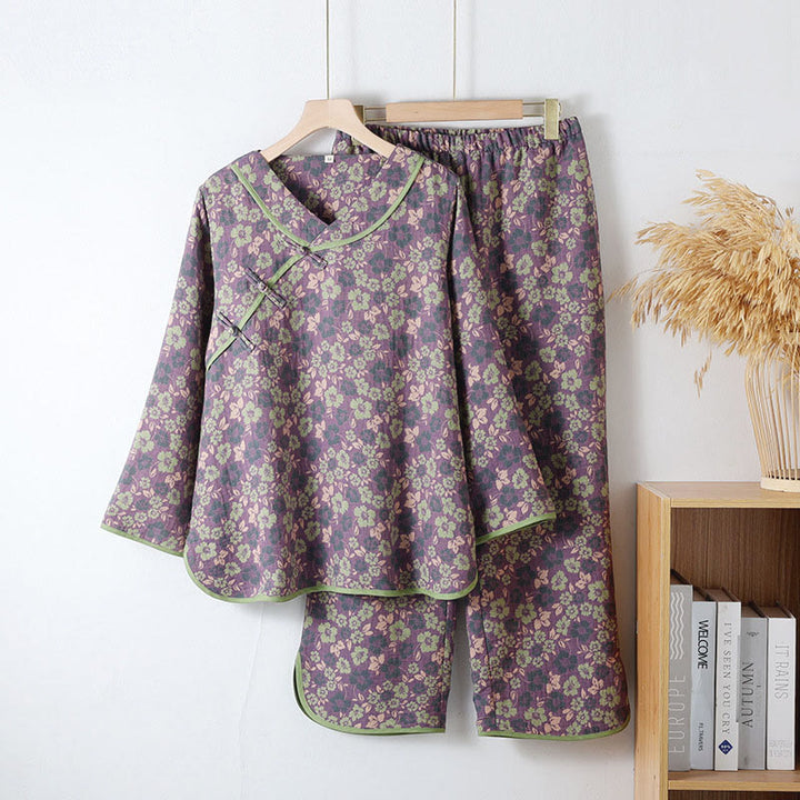 Buddha Stones 2-teiliges Pyjama-Set aus Baumwolle mit Blumenmuster, Froschknopfleiste, langen Ärmeln, Rundhalsausschnitt und Hemd sowie Hose.  - DarkOrchid - US6, UK/AU10, EU38 (XL) - image 0