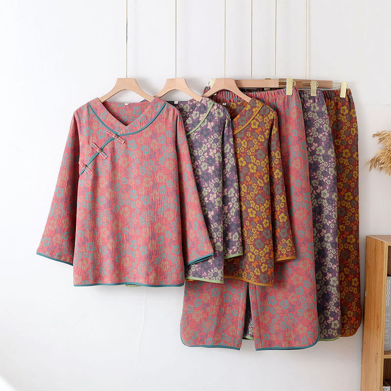 Buddha Stones 2-teiliges Pyjama-Set aus Baumwolle mit Blumenmuster, Froschknopfleiste, langen Ärmeln, Rundhalsausschnitt und Hemd sowie Hose.  - image 12