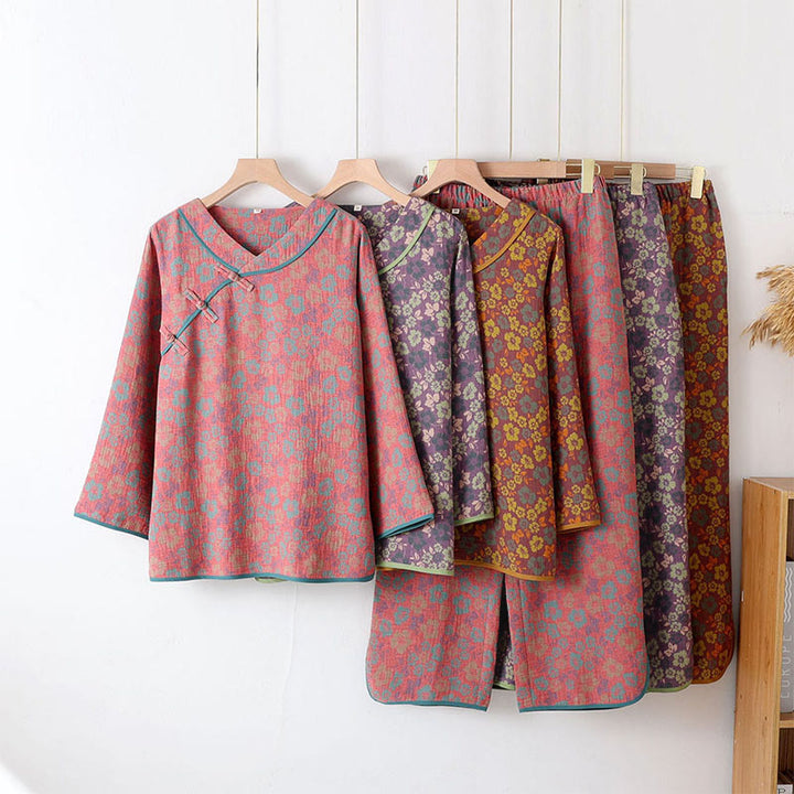 Buddha Stones 2-teiliges Pyjama-Set aus Baumwolle mit Blumenmuster, Froschknopfleiste, langen Ärmeln, Rundhalsausschnitt und Hemd sowie Hose.  - image 12