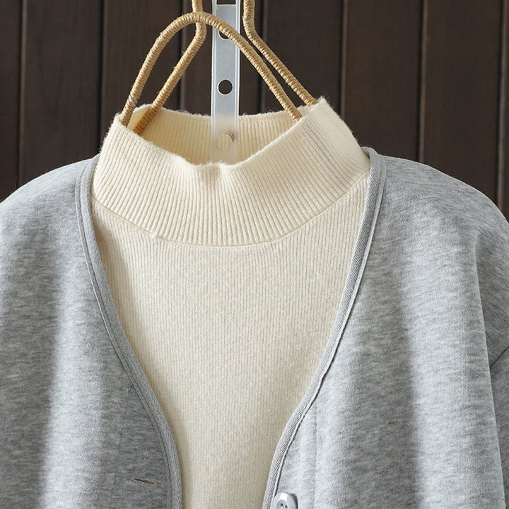 Buddha Stones Schlichte, einfarbige Damen-Baumwolljacke mit V-Ausschnitt und Knopfleiste, langärmlig - image 8