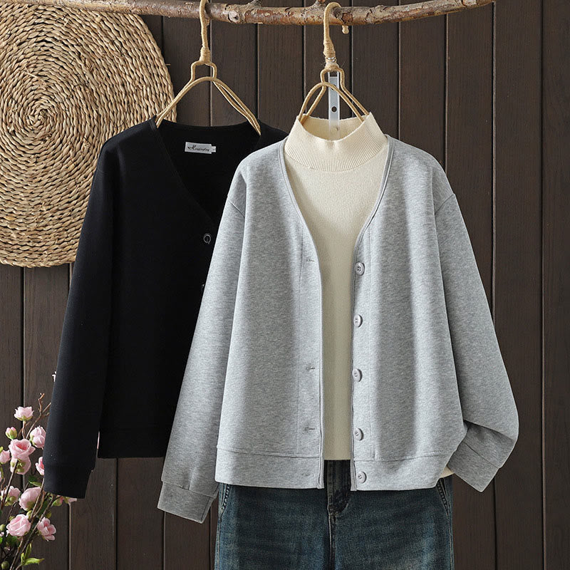Buddha Stones Schlichte, einfarbige Damen-Baumwolljacke mit V-Ausschnitt und Knopfleiste, langärmlig - image 0