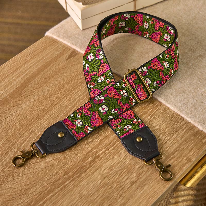 Buddha Stones, böhmische Rosenrote Blume, grüne Blätter Stickerei, verstellbare Handtaschen-Umhängetaschen-Schultertaschen-Gurte Ersatz - Grün Schwarz - 85-135 cm * 5 cm - image 0