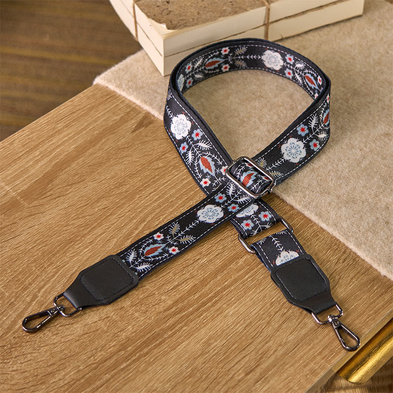 Buddha Stones Boho Schwarzes Blumenmuster Geometrische Verstellbare Handtaschen Umhängetaschen Schultergurte Ersatz - Schwarze Blume - 75–145 cm × 3,8 cm - image 0