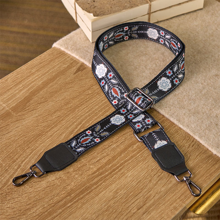 Buddha Stones Boho Schwarzes Blumenmuster Geometrische Verstellbare Handtaschen Umhängetaschen Schultergurte Ersatz - Schwarze Blume - 75–145 cm × 3,8 cm - image 0