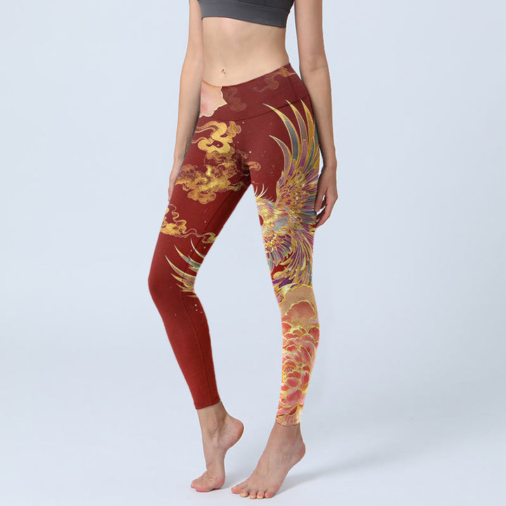Leggings mit Buddha Stones, wunderschönem Phönix-Pfingstrosen-Wolkenmuster, Damen-Yogahose - Feuerfestziegel - US18, UK/AU22, EU50 (4XL) - image 0