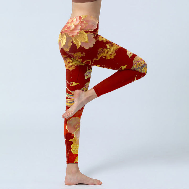 Leggings mit Buddha Stones, wunderschönem Phönix-Pfingstrosen-Wolkenmuster, Damen-Yogahose - image 3